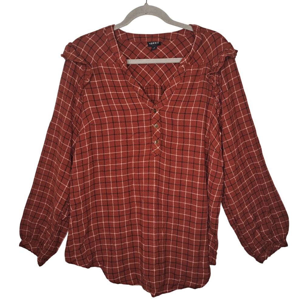 Torrid Rust Red Windowpane Plaid Crinkle Gauze Sp… - image 1
